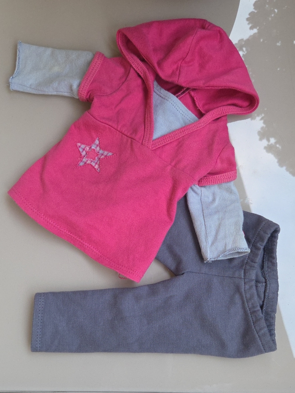 American Girl Hot Pink Hooded Top with Gray Sleeves and Gray Pants